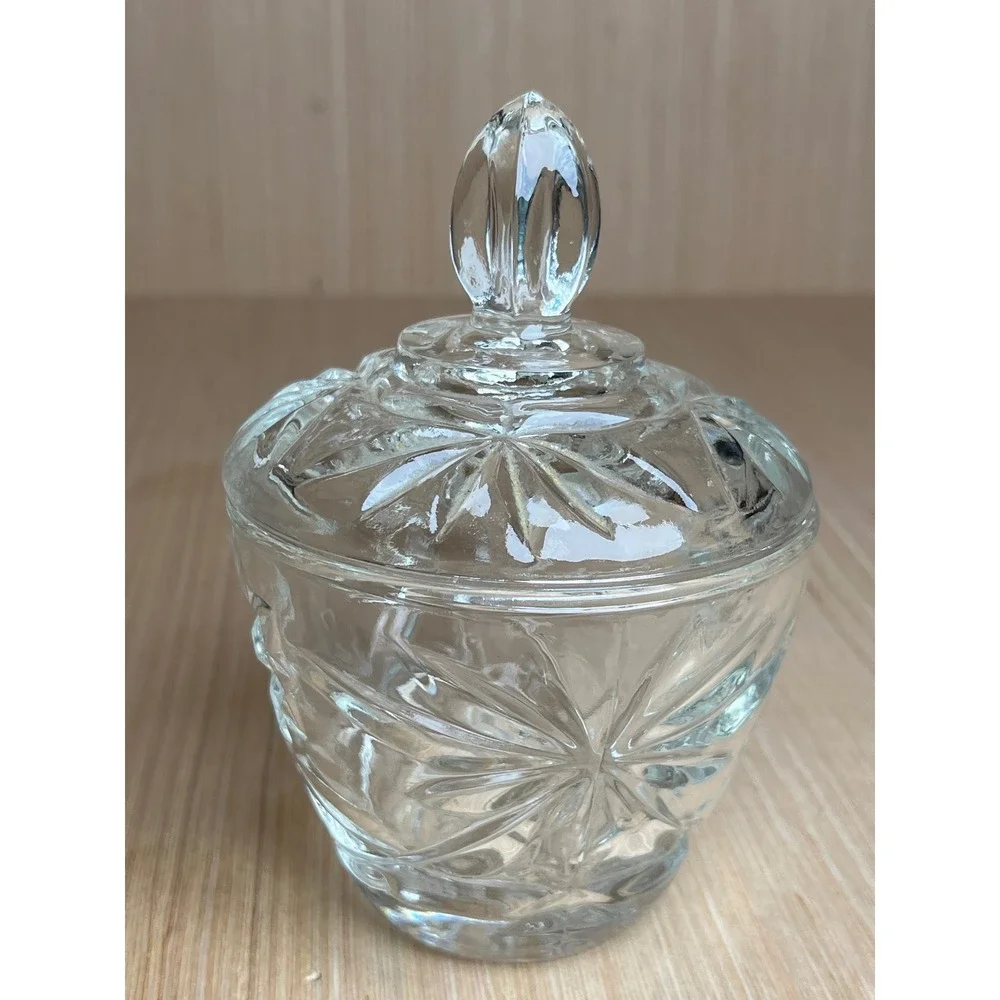 Vintage Anchor Hocking Clear Pressed Glass Starburst Lidded Sugar Bowl MCM